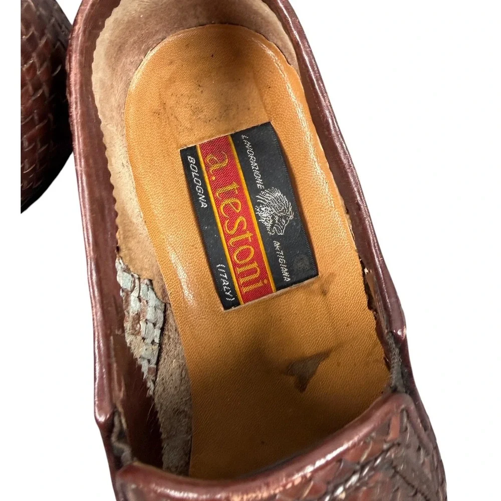 A. Testoni Brown Leather Woven Horse Gold Bit Men's Loafers Size UK5 Us 6 G
